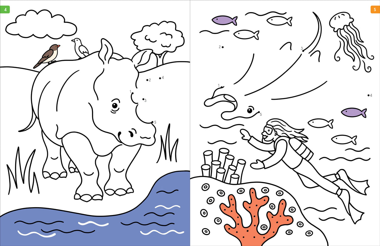 Animals Dot to Dot activity book featuring connect-the-dots rhino and underwater diver coloring pages for kids.