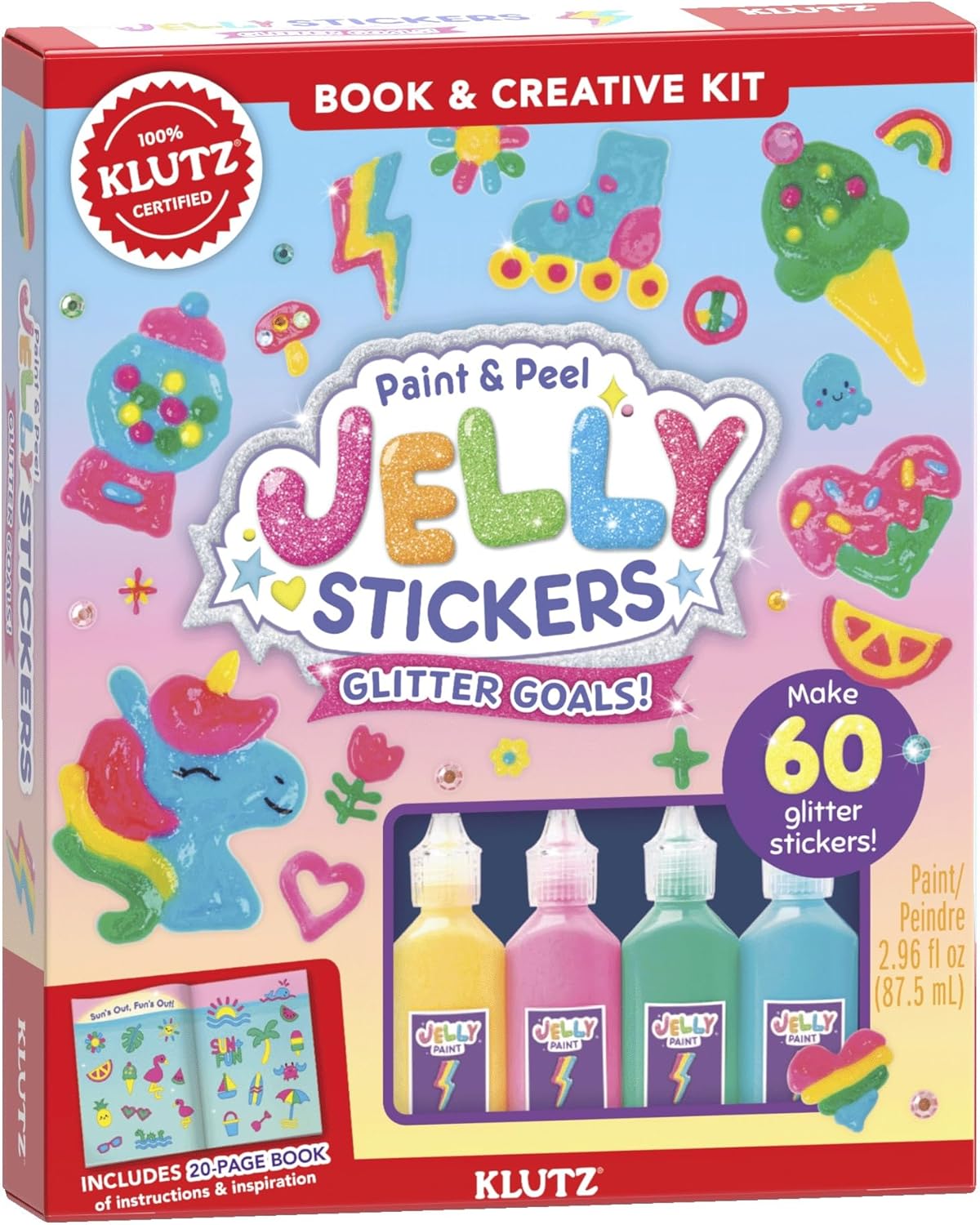 Paint & Peel Jelly Stickers Glitter Goals DIY kit with colorful glitter jelly paint to create 60 reusable sparkly stickers.