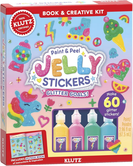 Paint & Peel Jelly Stickers Glitter Goals DIY kit with colorful glitter jelly paint to create 60 reusable sparkly stickers.