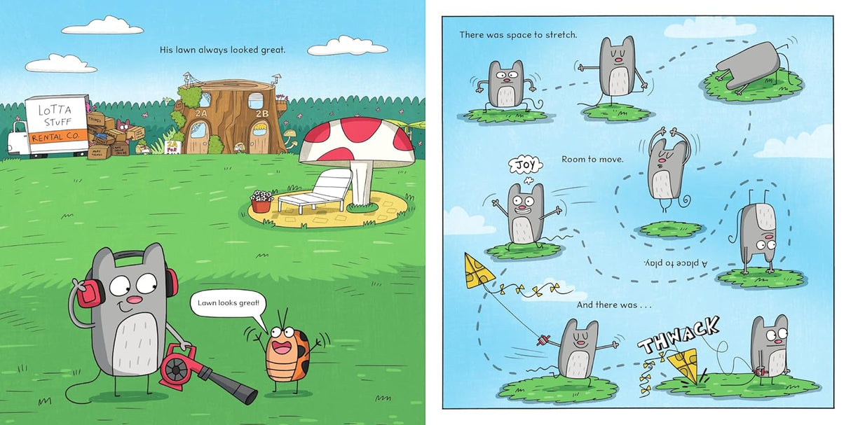 Shared Space shows an orderly Mouse enjoying a tidy yard before Pak-Rat moves in, highlighting boundaries and friendship.