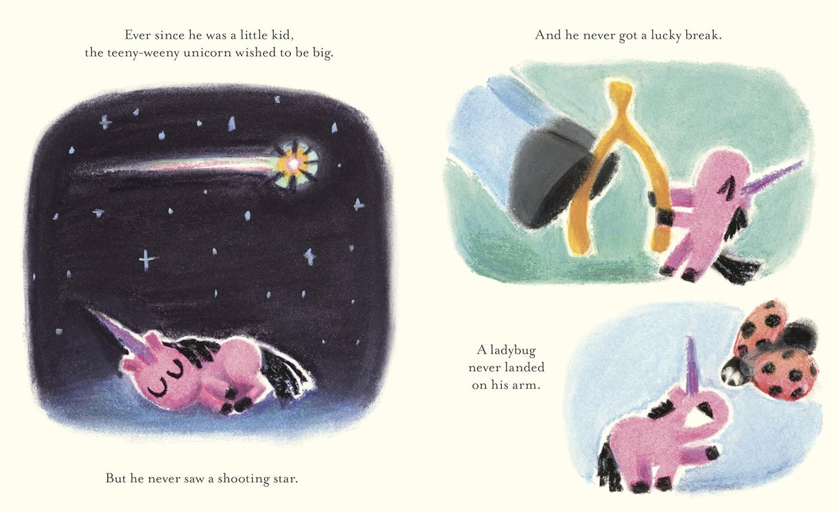 Illustration from Teeny-Weeny Unicorn's Great Big Wish showing the unicorn wishing on a shooting star and near a ladybug.