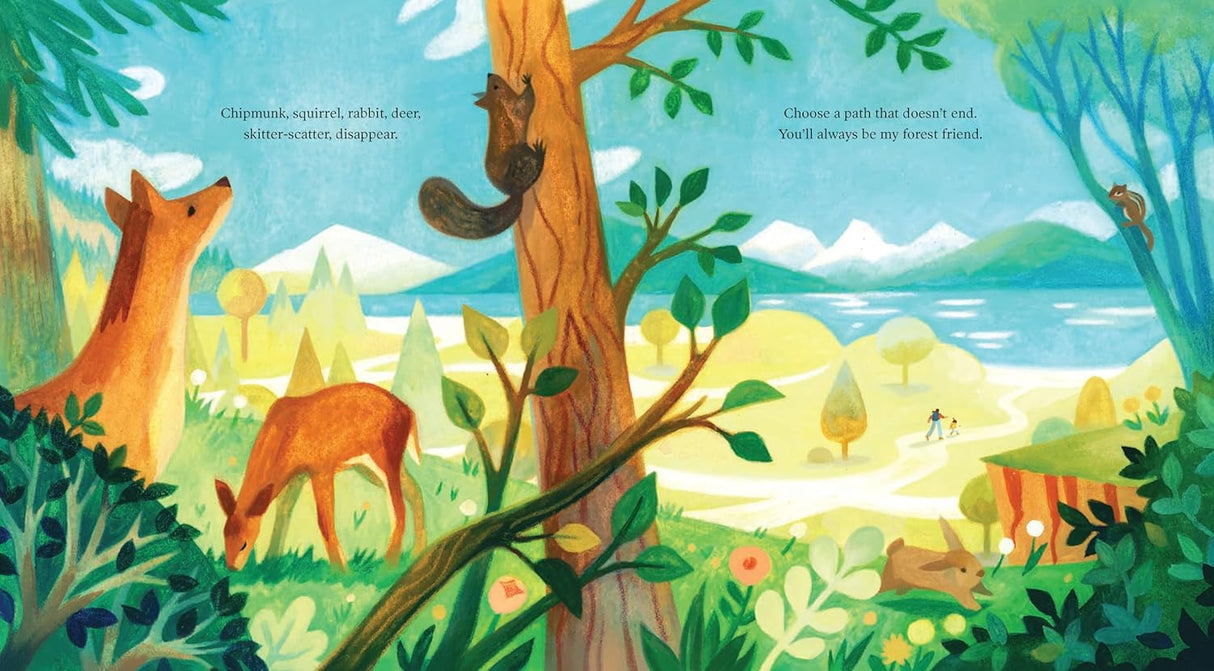 Illustration of forest animals and nature in "You'll Always Be My Chickadee" picture book by Kate Hosford and Sarah Gonzales.