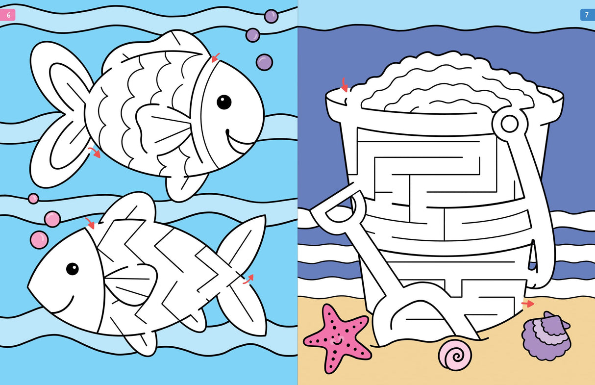 Challenging Mazes for Clever Kids shows colorful fish and sand bucket mazes to engage children aged 4-8 in fun puzzles.