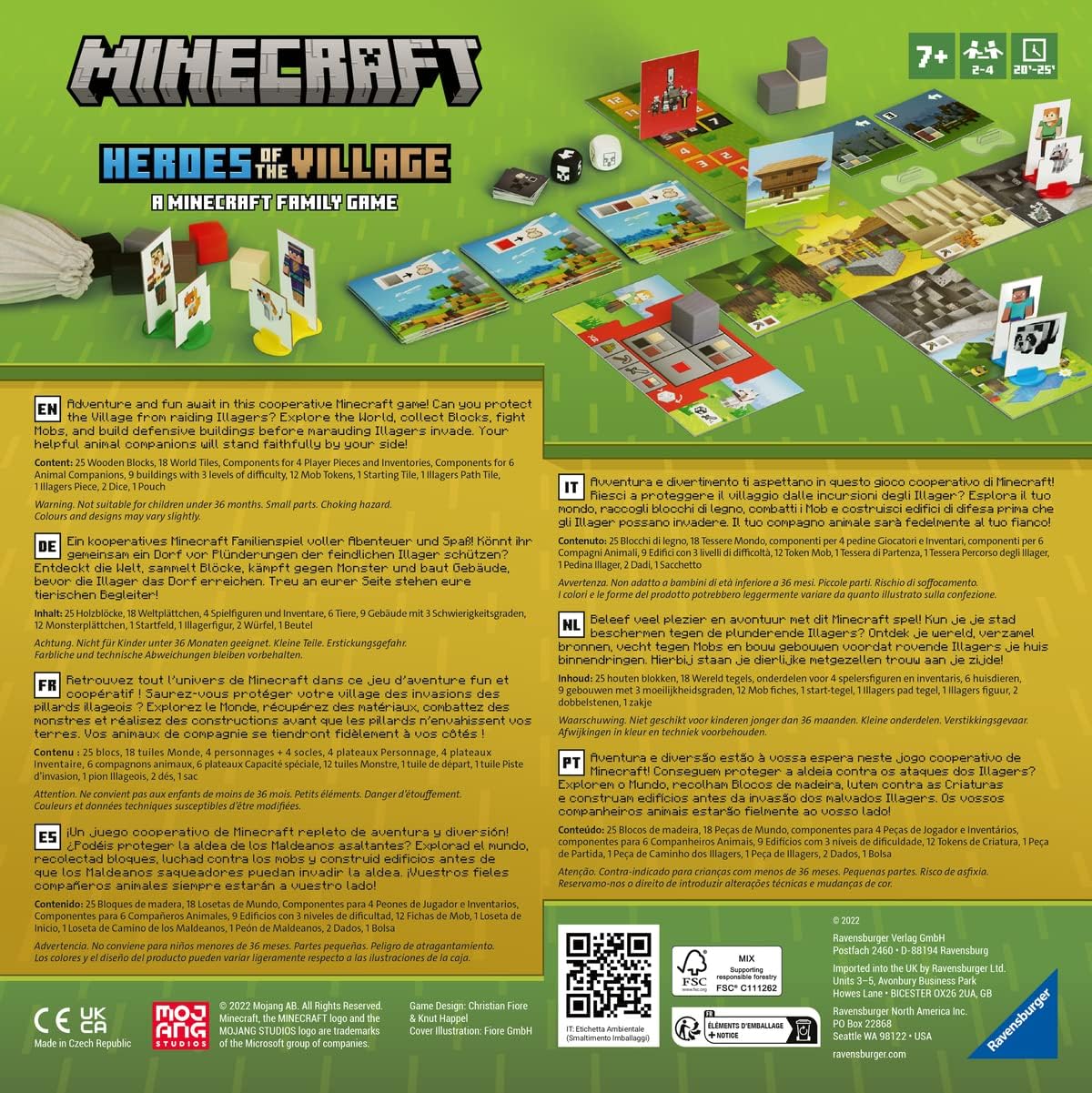 Minecraft: Heroes of the Village board game packaging featuring colorful game components and illustrated village scenes