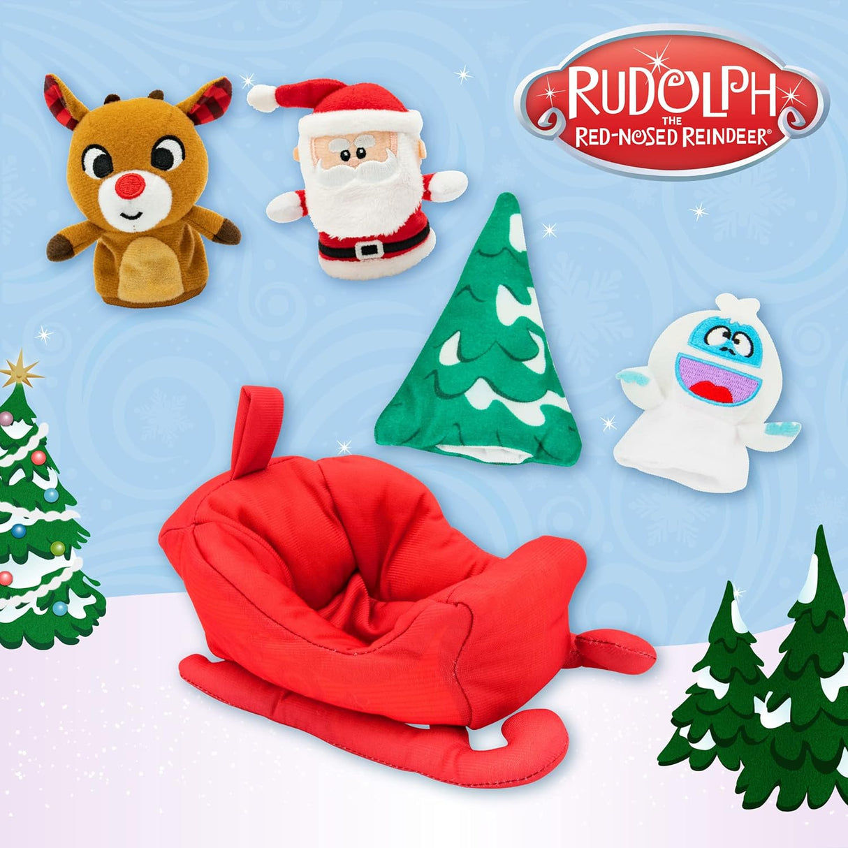 Rudolph | Plush Playset featuring finger puppets of Rudolph, Santa, tree, Abominable Snowman, and red sleigh for holiday fun.