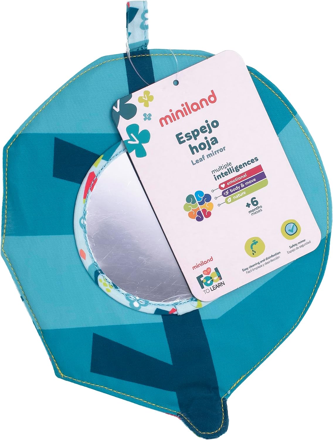 Feel to Learn Leaf Mirror with crunchy leaf edges and safe reflective surface for babies 6 months and up.