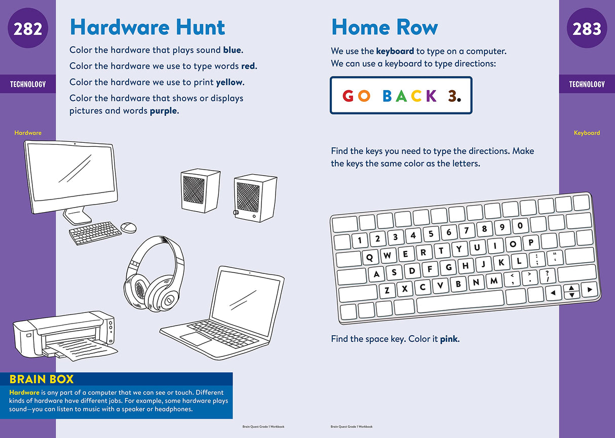 Brain Quest Workbook Grade 1 open to a keyboard and hardware hunt activity with illustrations and instructions.