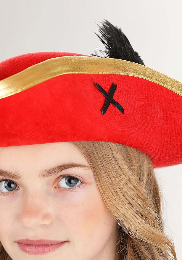 Close-up of a person wearing the Red Skull & Crossbones Pirate Hat with red suede finish and black feather detail.
