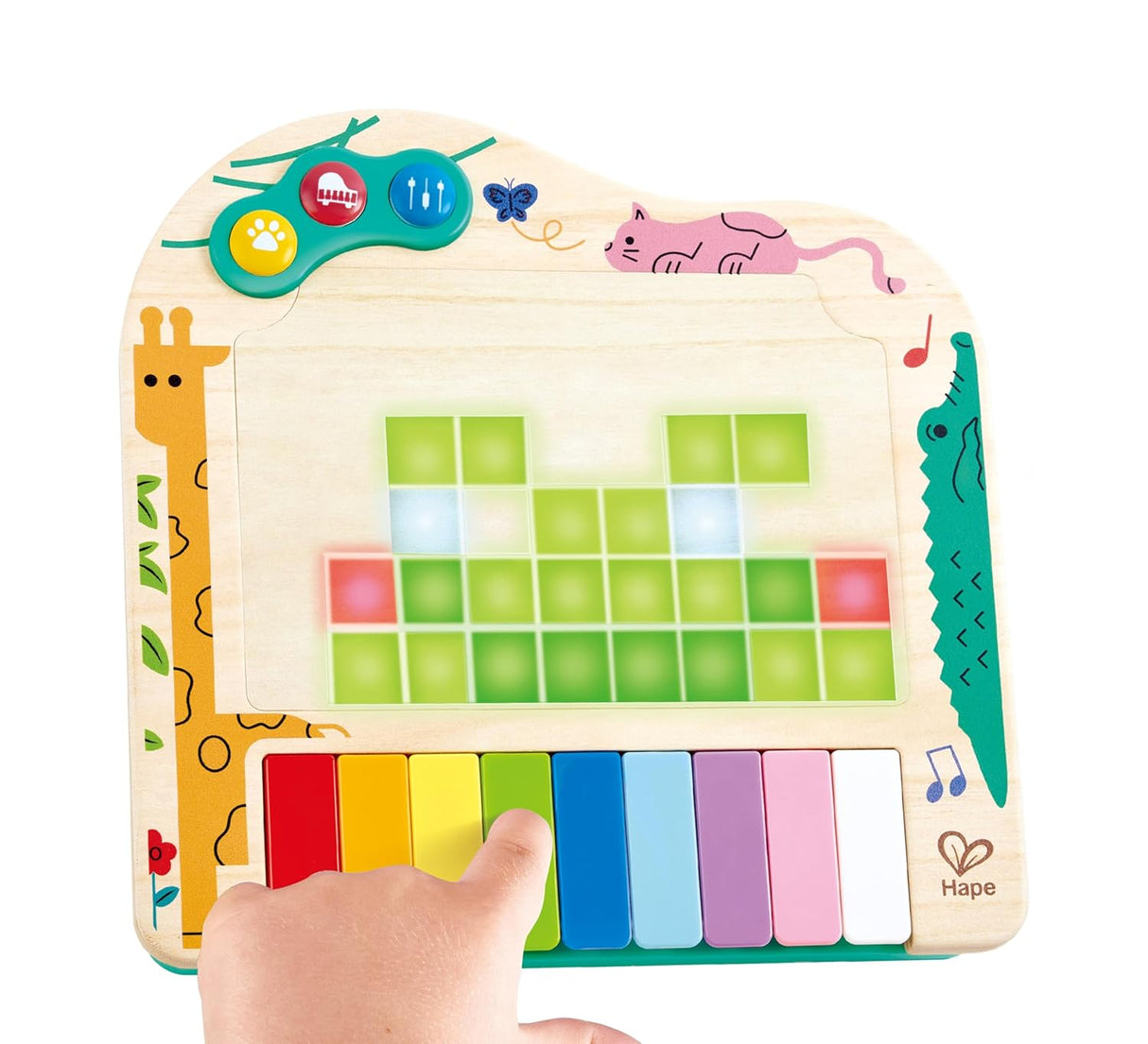 Child playing with a colorful pixel piano toy featuring light-up keys and animal illustrations on a wooden base