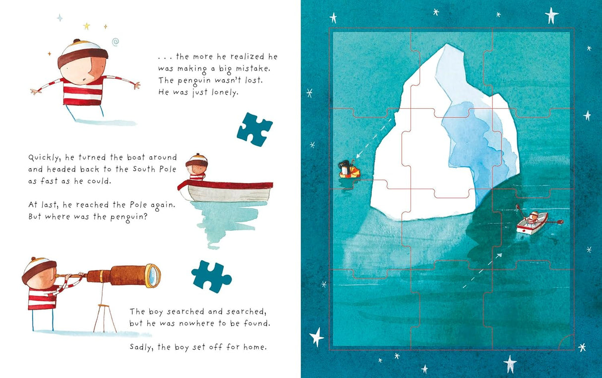 Illustration from Lost and Found Jigsaw Book showing a boy searching for a penguin near an iceberg puzzle piece