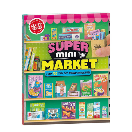 Super Mini Market papercraft kit with colorful punch-out grocery packages and display shelves for creating a miniature supermarket.