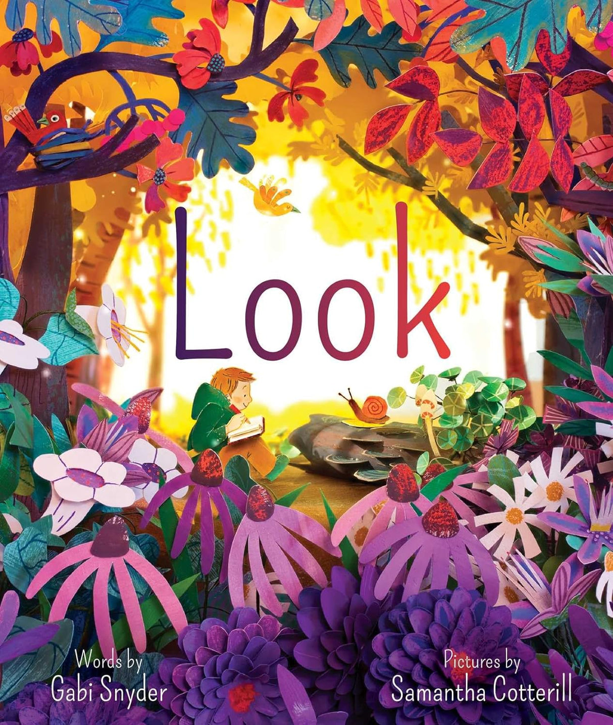 Look book cover showing colorful diorama forest scene with child reading, flowers, and wildlife in bright, warm light.