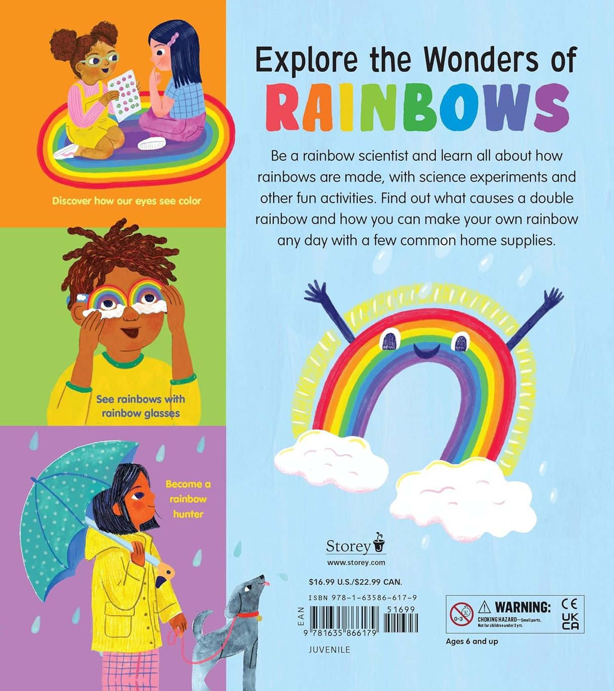 Rainbow Science book back cover with colorful illustrations showing kids exploring rainbows and light experiments.