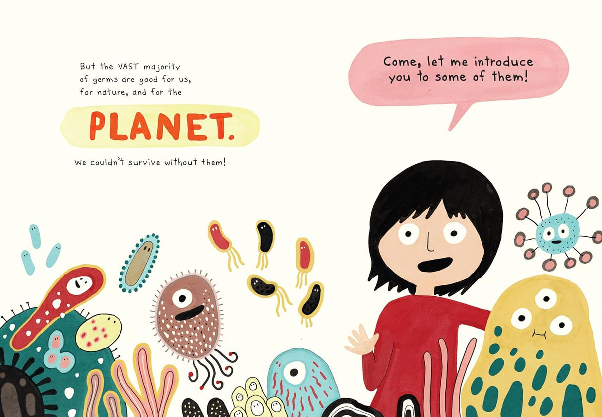 Illustration from Club Microbe showing colorful friendly microbes and a child introducing them with speech bubble.