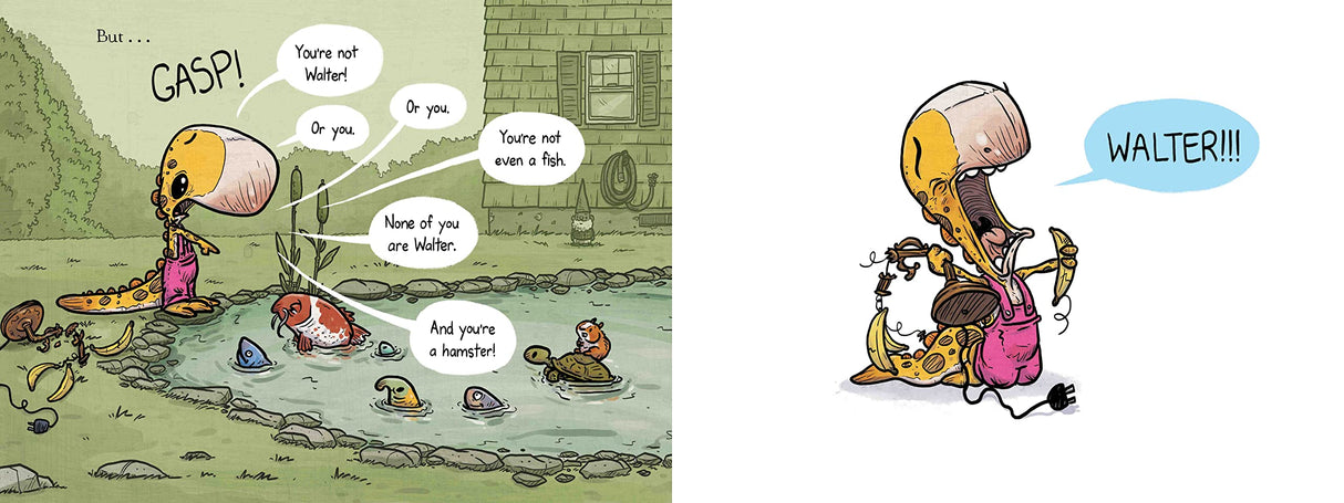 We Don't Lose Our Class Goldfish shows Penelope Rex anxiously searching for Walter, the class goldfish, in a colorful illustration.