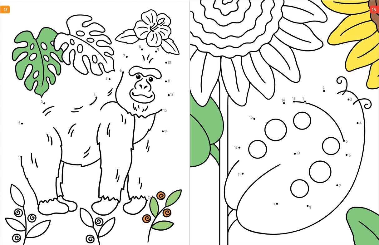 Animals Dot to Dot showing a playful gorilla and a flower palette for children to connect and color.