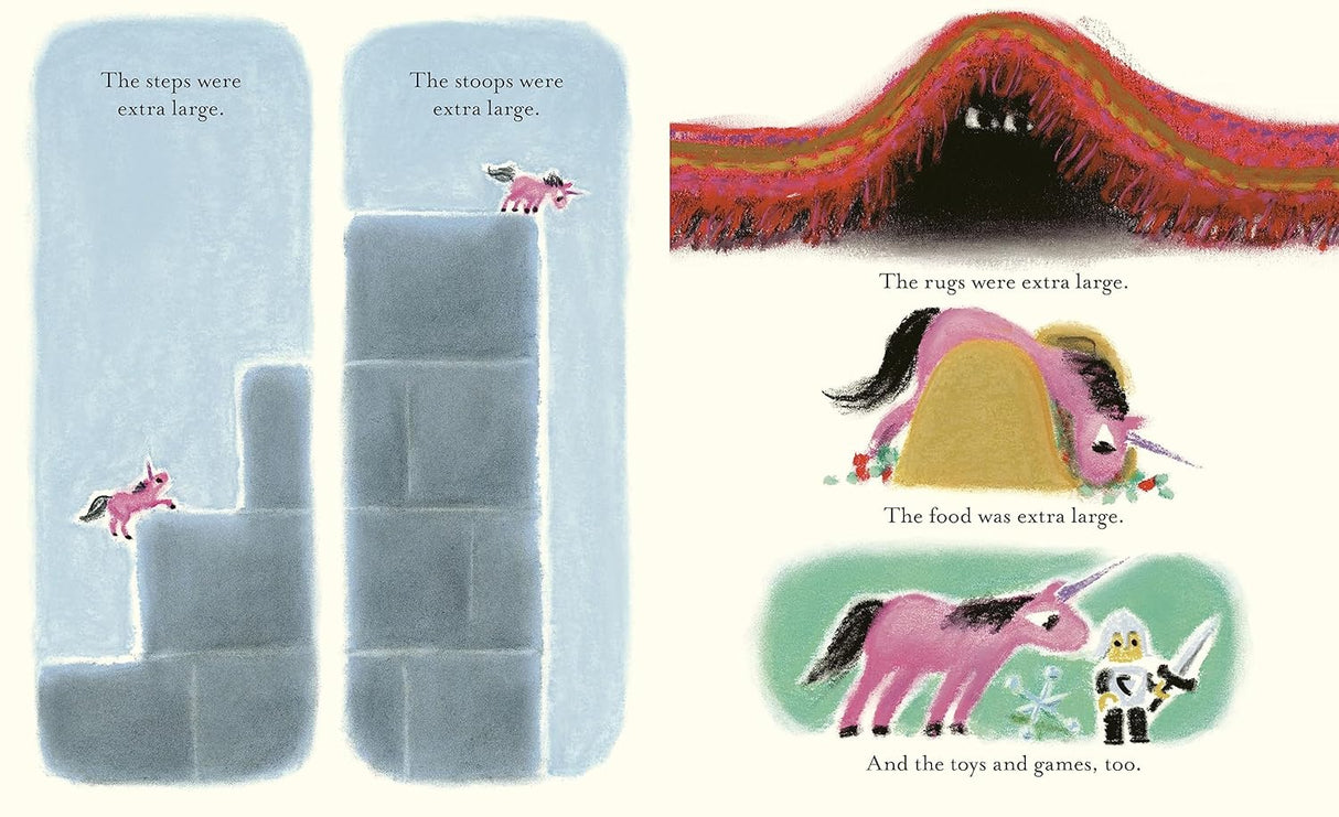 Illustration from The Teeny-Weeny Unicorn showing a small unicorn next to oversized stairs, spoons, rugs, and food.