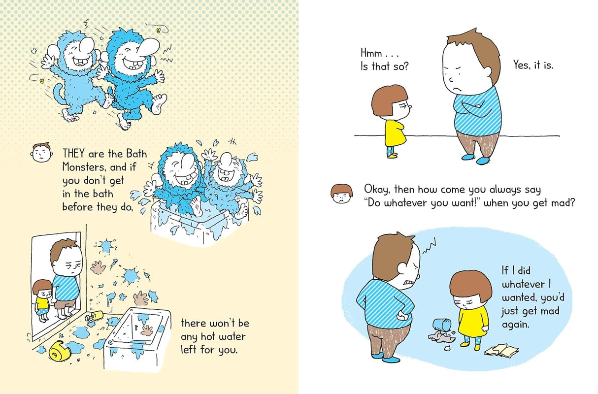 Illustration from That's Not Fair showing a humorous conversation between a father and child about bath time and fairness.
