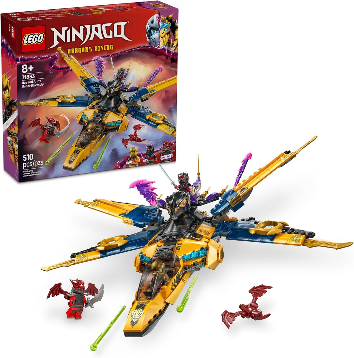LEGO Ninjago Super Storm Jet with minifigures, detachable drone, escape pod, and adjustable wings building set.