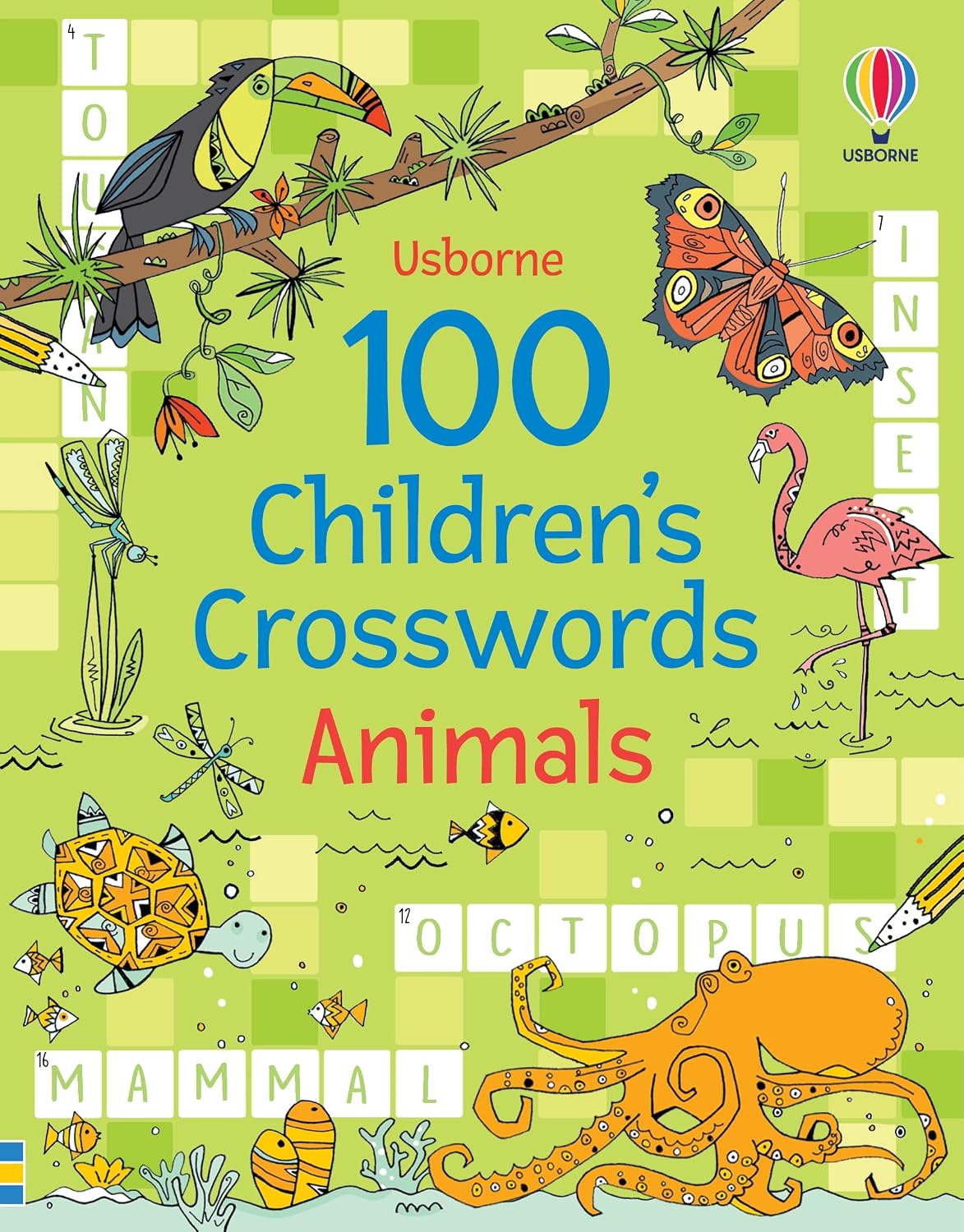 100 Children's Crosswords | Animals colorful animal puzzle book cover