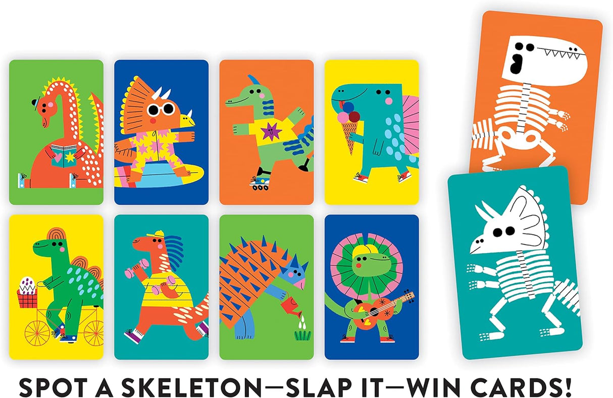 Dino Slaps! card game featuring colorful prehistoric animals and skeleton cards for family fun and travel play.