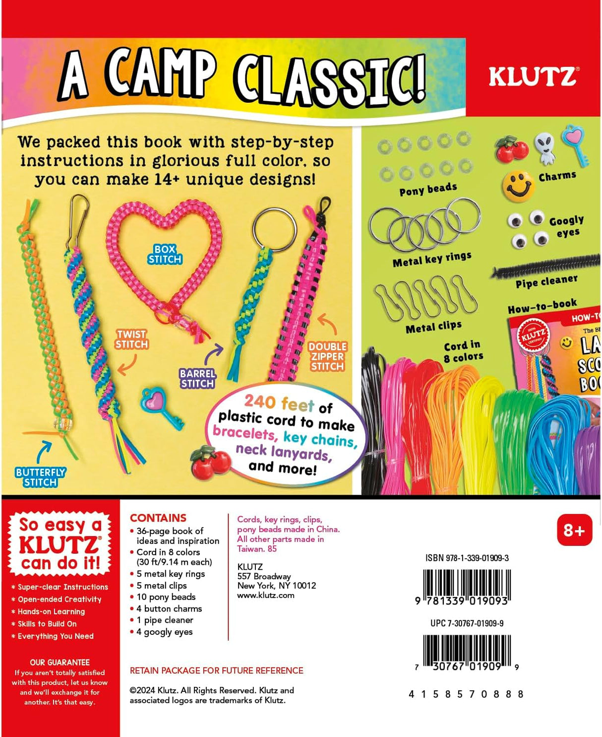 Lanyard Scoubidou & Boondoggle kit with colorful cords, charms, clips, and instructions for braiding fun accessories.