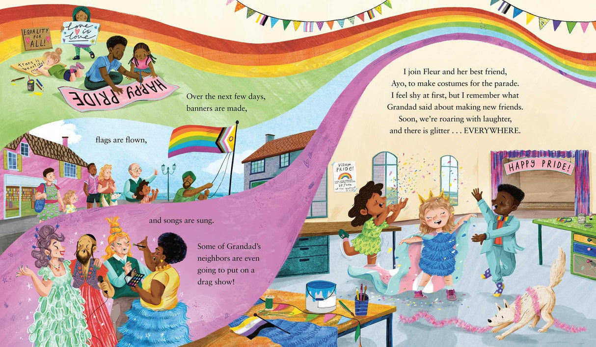 Colorful Pride parade preparations with diverse community and rainbow flags in Grandad's Pride children's book illustration.
