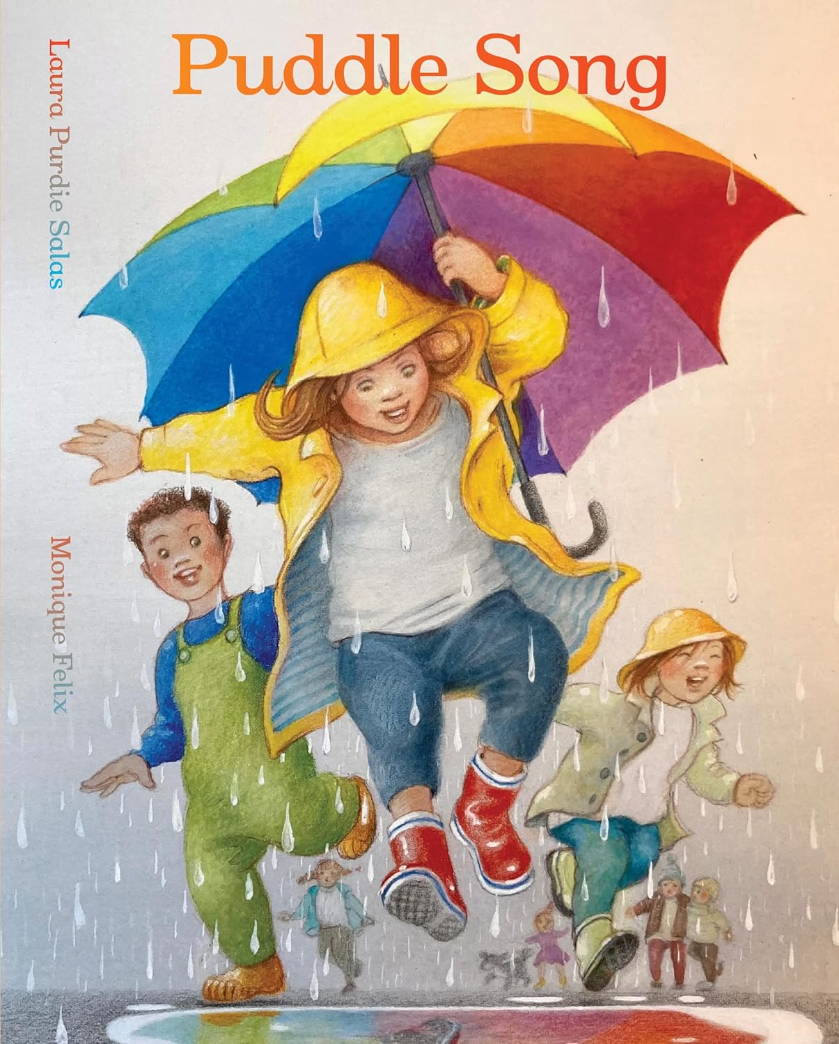 Puddle Song cover showing joyful children in raincoats jumping in puddles under a colorful umbrella.