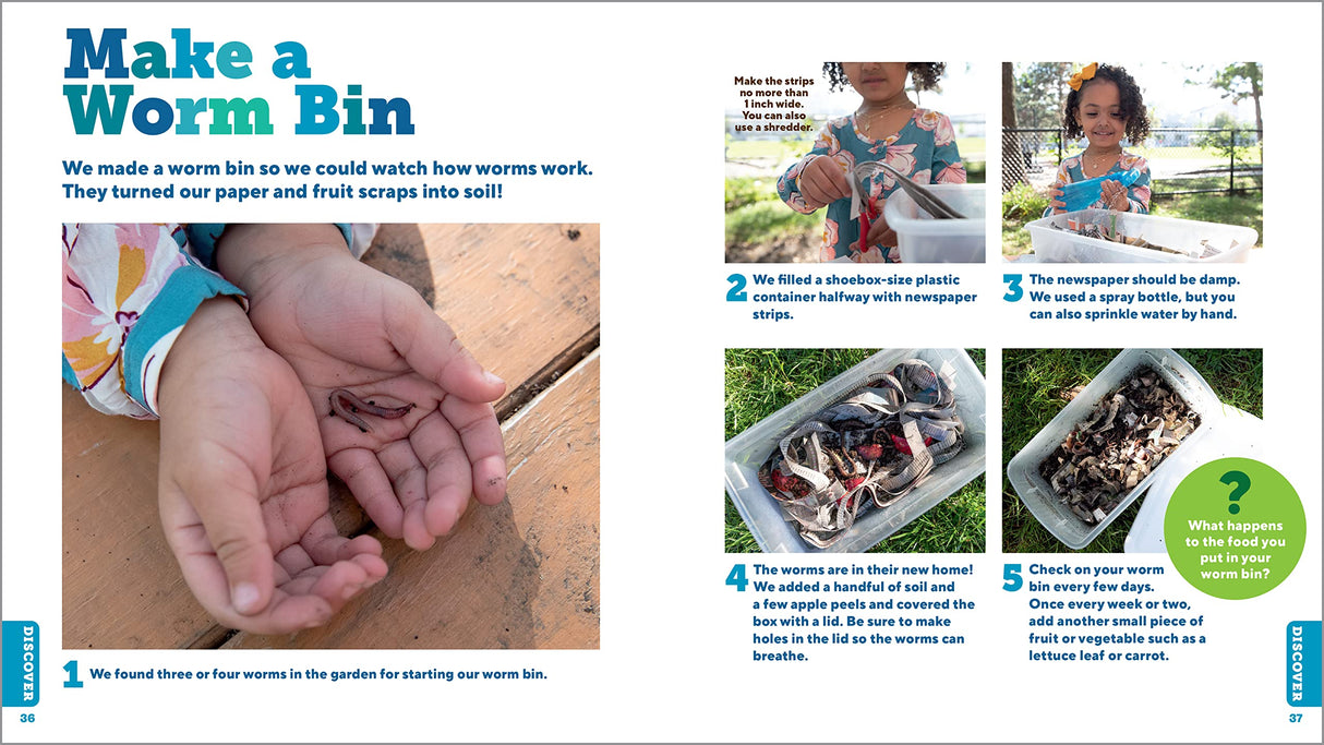 We Garden Together: Projects for Kids showing hands holding worms and step-by-step worm bin activity for kids.