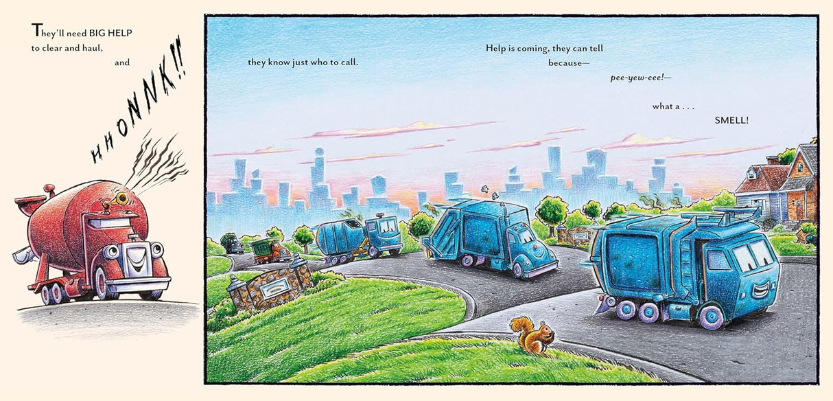 Construction Site: Garbage Crew to the Rescue! illustration showing colorful garbage trucks cleaning a neighborhood at sunset.