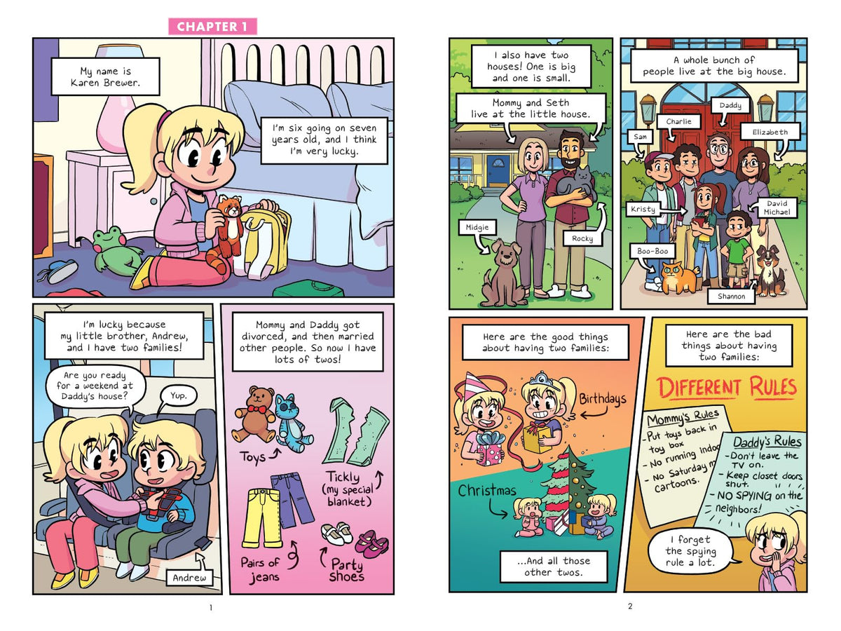 Babysitters Little Sister Karen's Witch #1 book pages showing Karen and Andrew with family and neighborhood scenes.