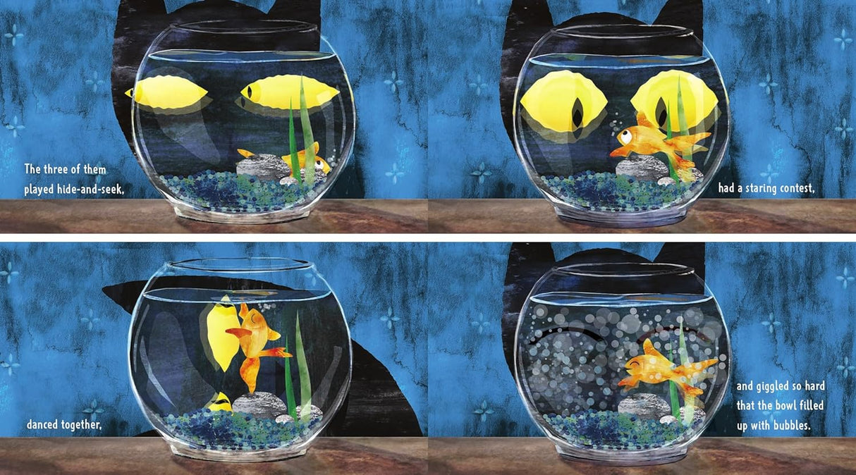 Illustration from A Friend For Eddy showing Eddy the goldfish and a cat’s eyes outside the fishbowl playing hide-and-seek.