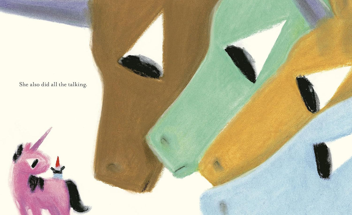 Illustration from The Teeny-Weeny Unicorn showing a small unicorn facing three large horses with curious expressions.