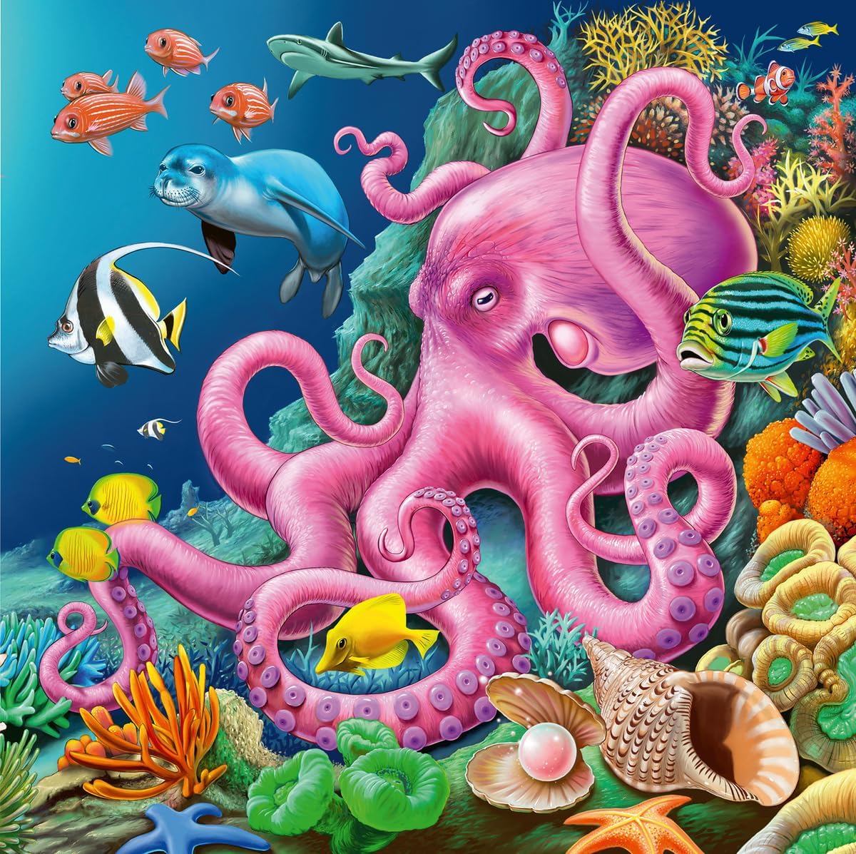 49pc Underwater Puzzles featuring a vibrant underwater scene with an octopus, fish, coral, and sea creatures.