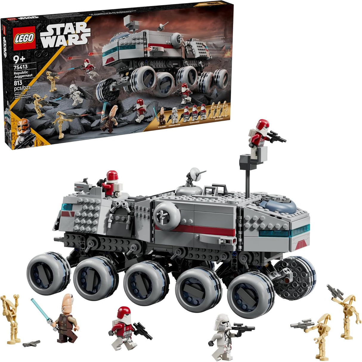 LEGO Star Wars Republic Juggernaut vehicle with minifigures and detailed interiors for imaginative Clone Wars play.