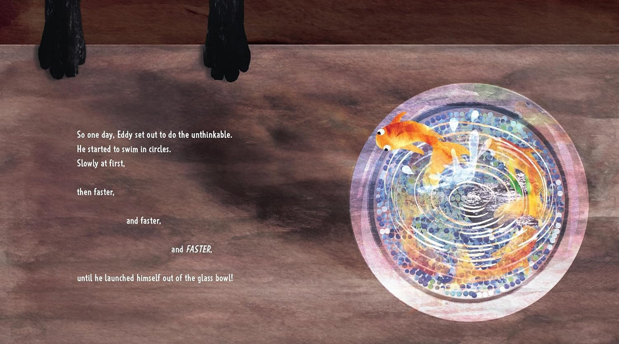 A Friend For Eddy showing a goldfish swimming fast in a bowl below the curious paws of a cat.