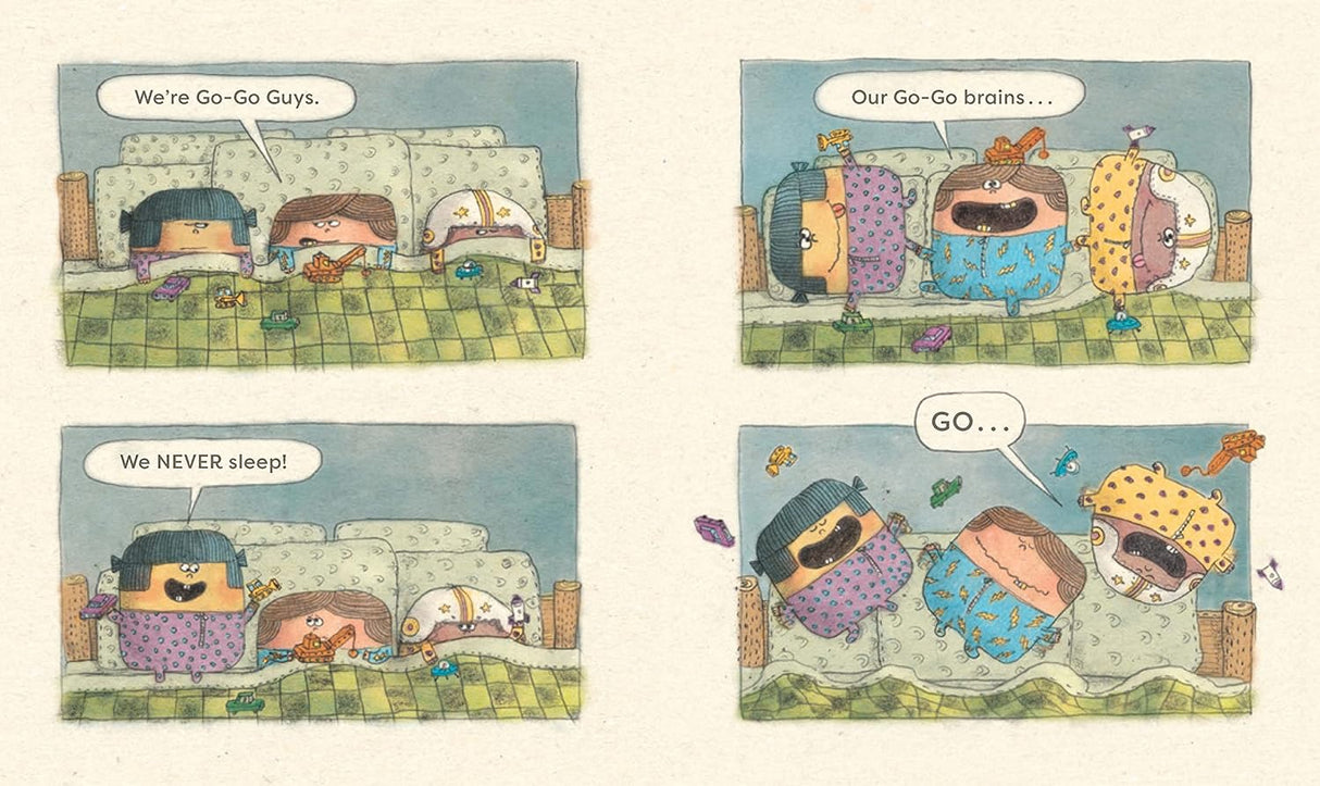 Comic-style illustration of kids in bed from Go-Go Guys book showing lively characters who never sleep.