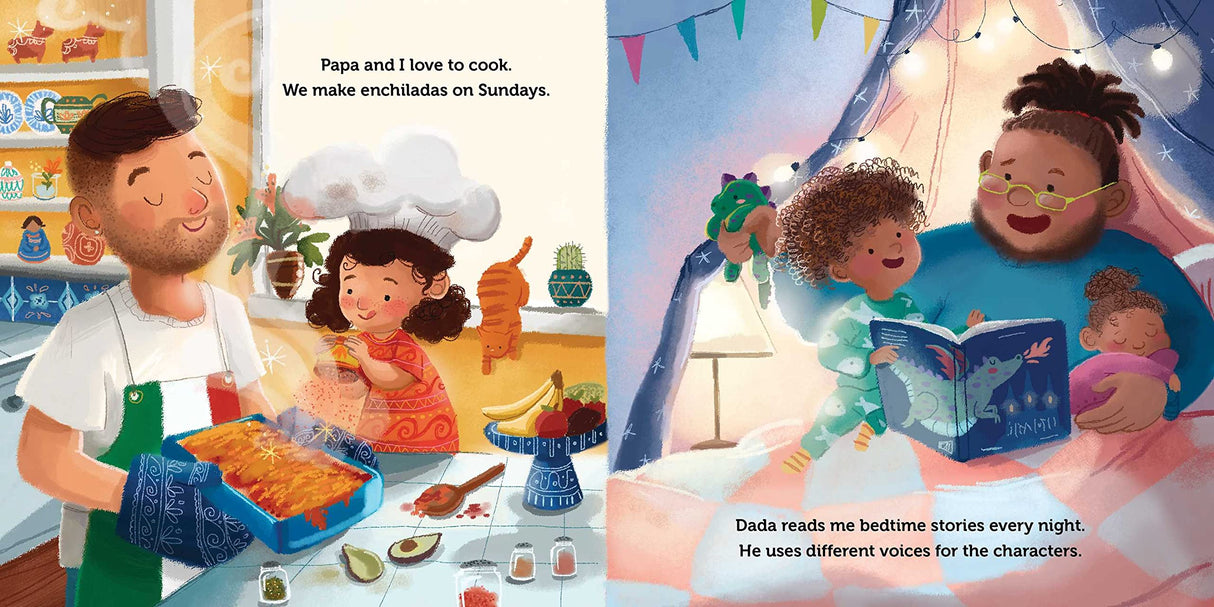 Daddy and Me board book shows a dad cooking enchiladas and another dad reading bedtime stories to children.