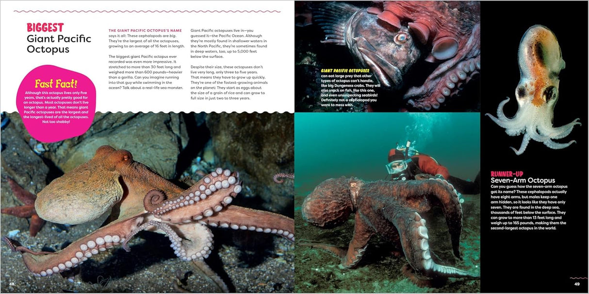 The Incredible Octopus book spread showing giant Pacific and seven-arm octopuses with underwater photos and facts for kids.
