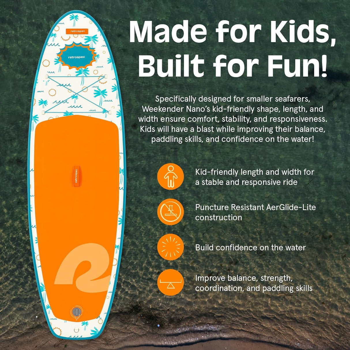 Weekender Nano Kids' Inflatable Paddle Board Surfer Blue designed for stability, balance, and fun on the water for kids.