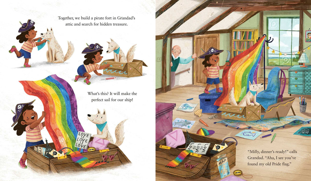 Illustration from Grandad's Pride showing a child and dog preparing a rainbow sail in a cozy attic for a pride parade.