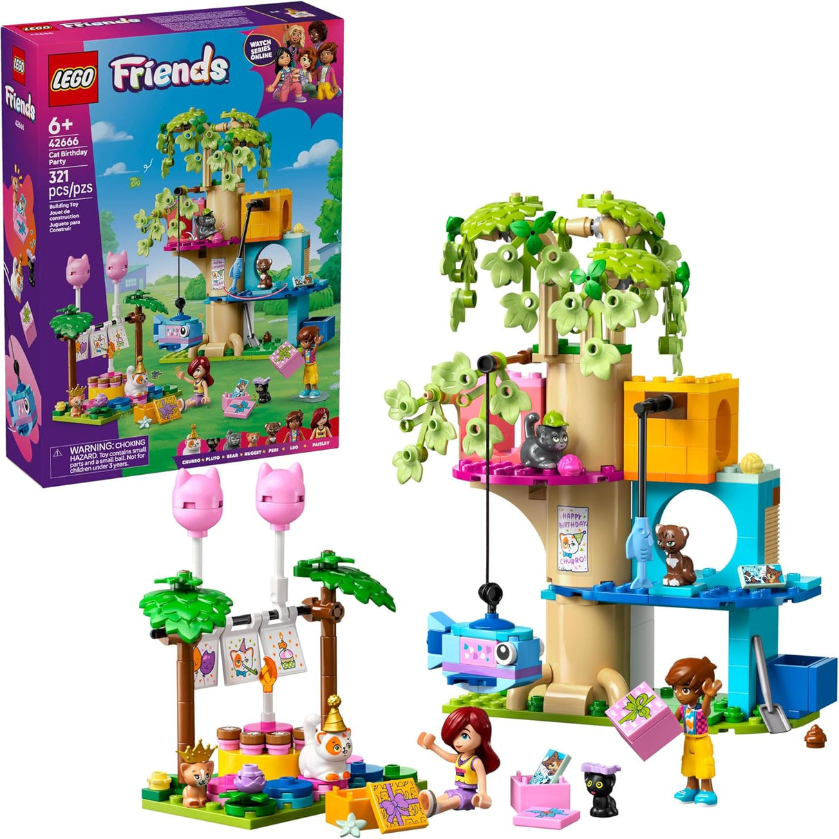 LEGO Friends Cat Birthday Party set with treehouse, festive decorations, and animal figures celebrating a cat’s birthday.