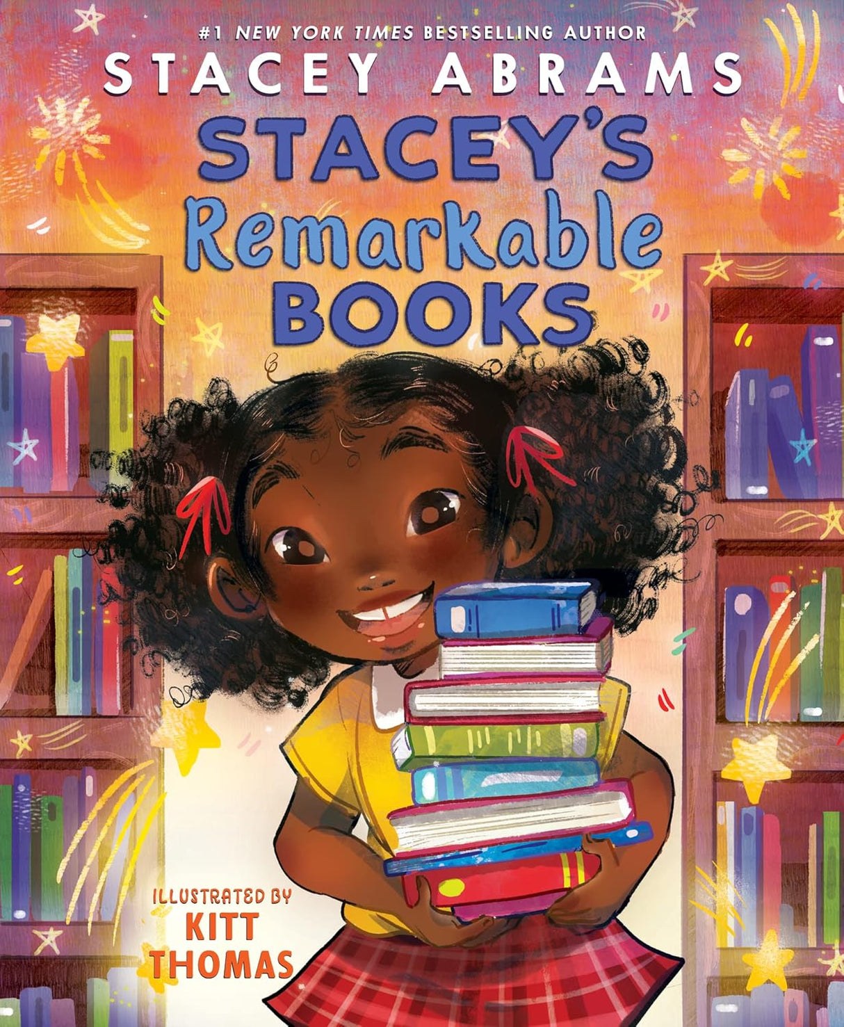 Cover of Stacey's Remarkable Books showing a happy young girl holding a stack of colorful books in a library setting.