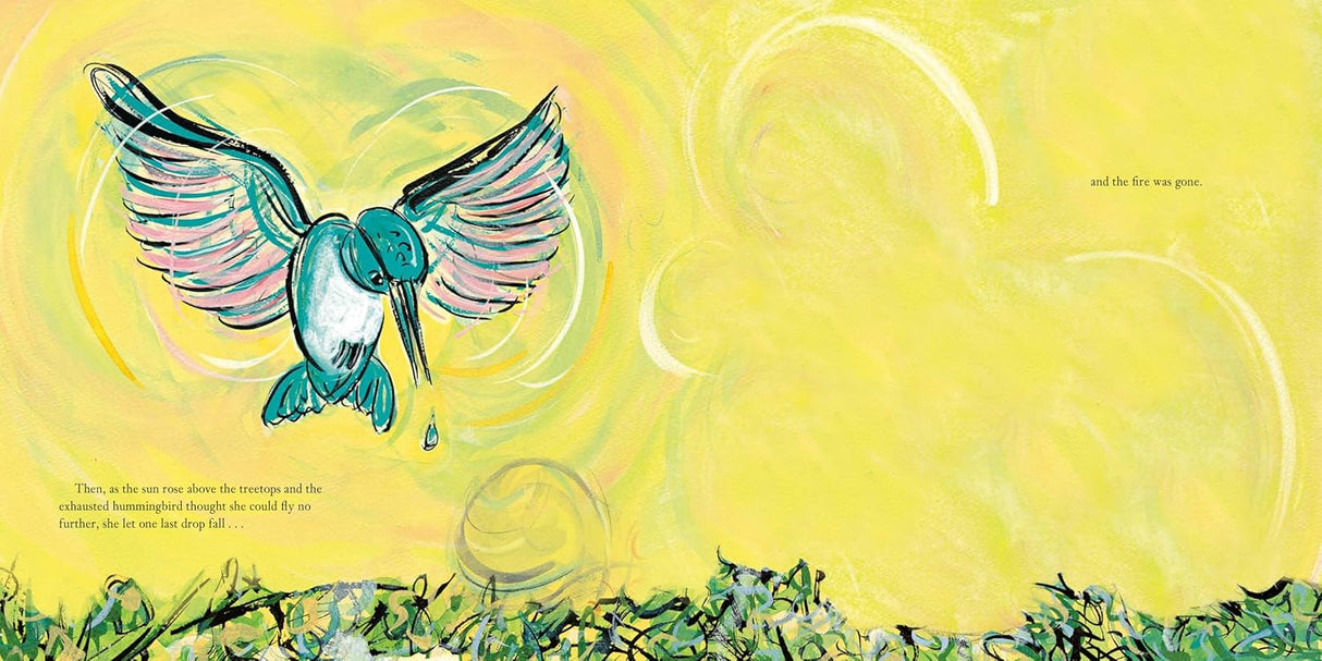 Open book illustration from The Littlest Drop showing a tiny hummingbird flying above green plants against a bright yellow background.