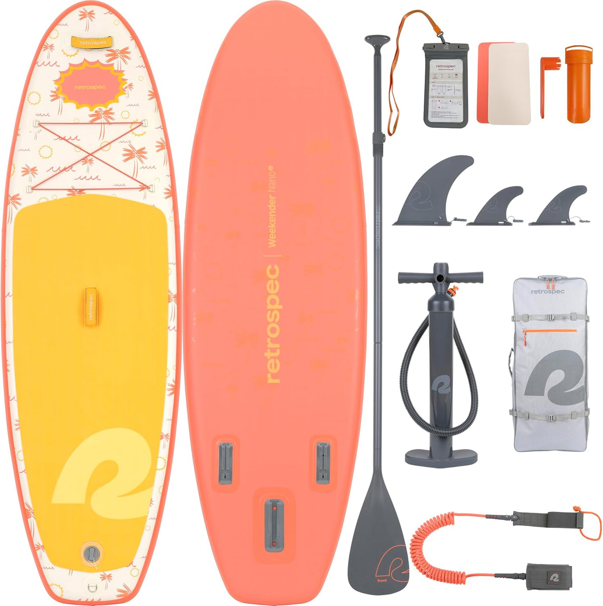 Weekender Nano Kids' Inflatable Paddle Board Summer Punch with paddle, pump, fins, leash, bag, and accessories laid out.