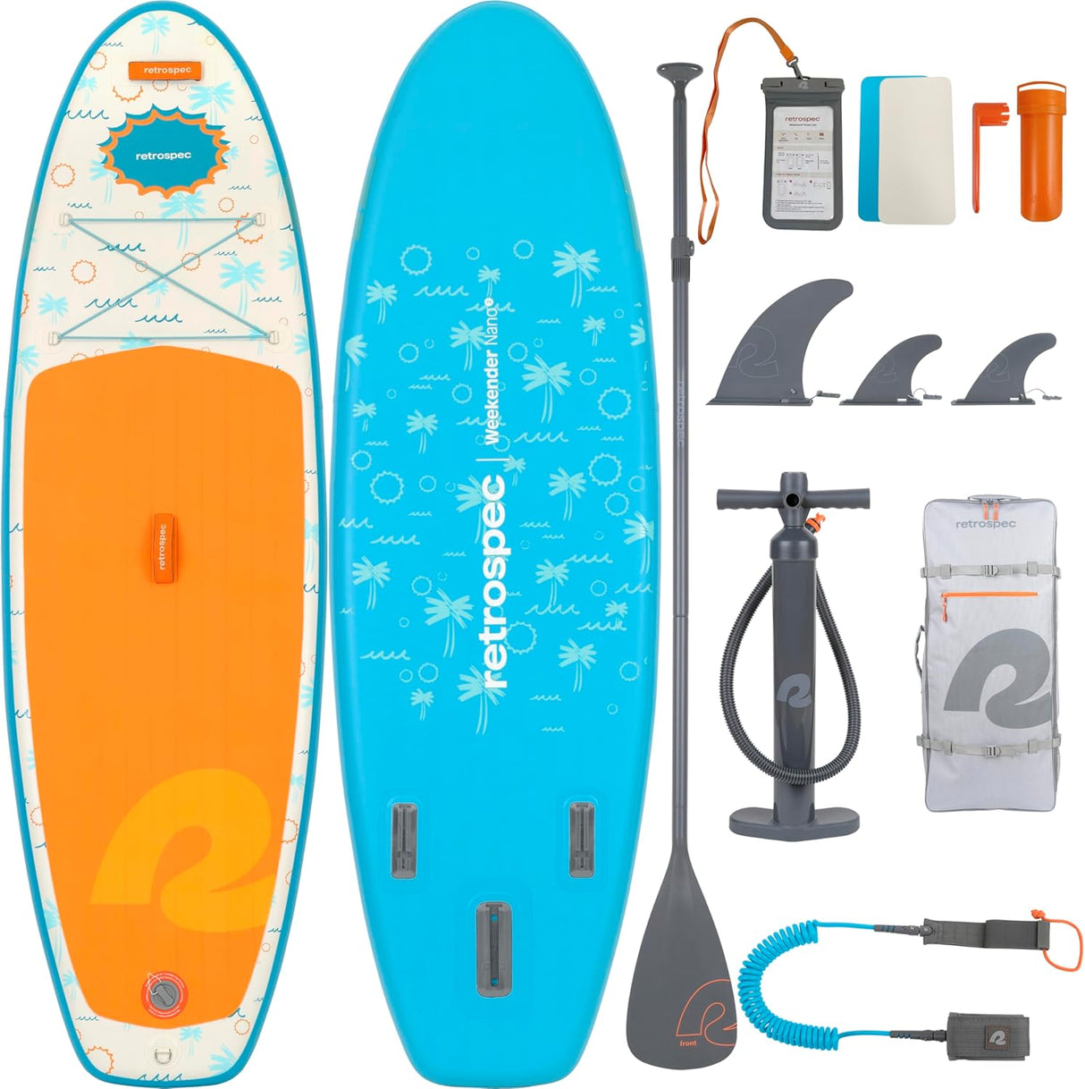 Weekender Nano Kids' Inflatable Paddle Board Surfer Blue with paddle, pump, fins, and carrying bag shown flat and assembled.