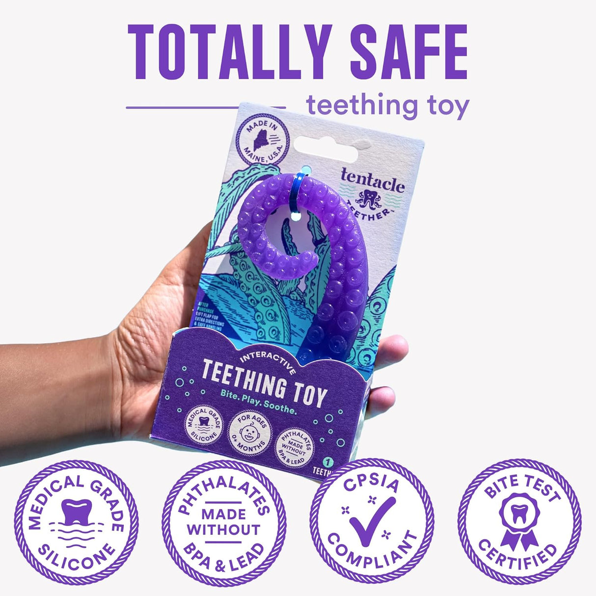 Hand holding Tentacle Teether packaging showing purple silicone teething toy made from medical grade silicone safe for babies.