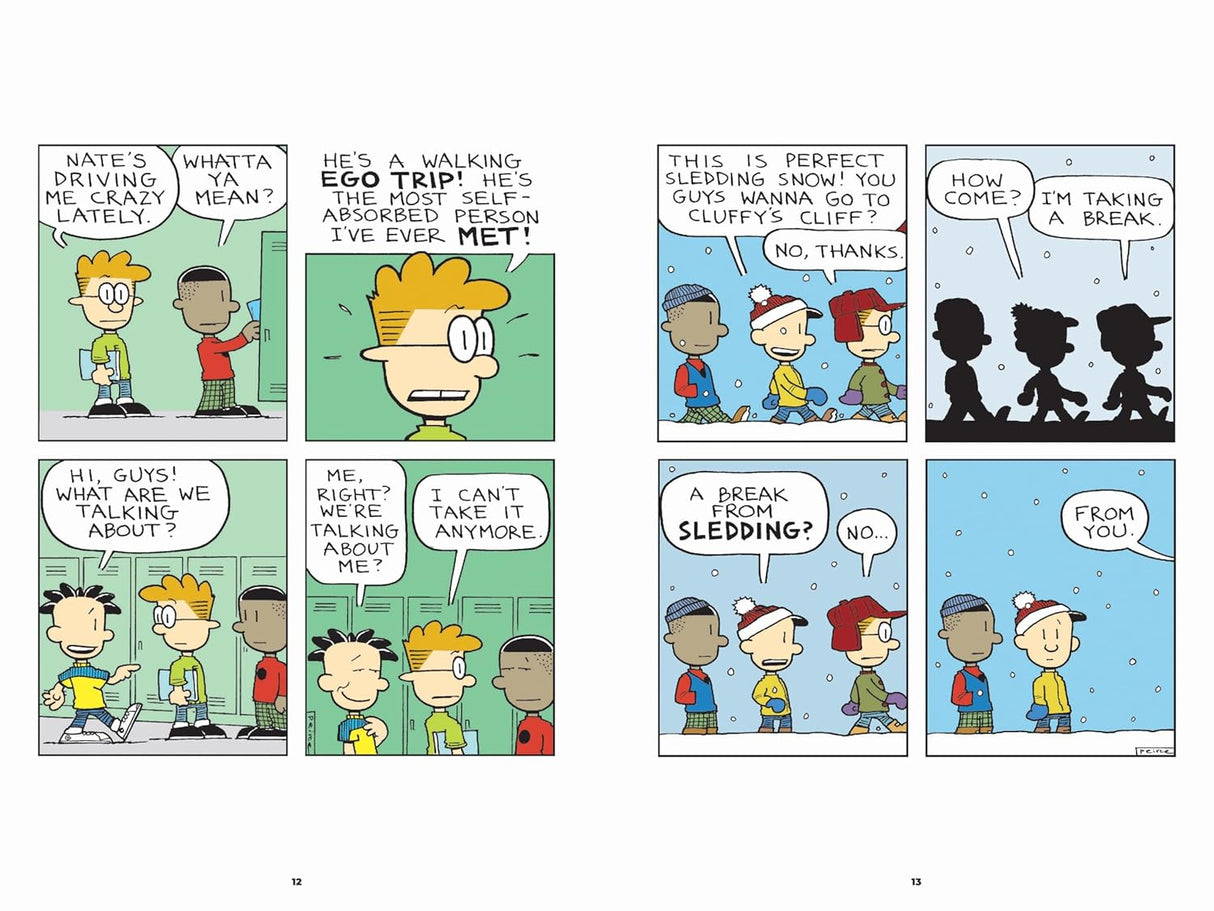 Big Nate comic panels showing Nate and friends arguing and deciding to take a break in Attack of the Cheez Funk Breath!