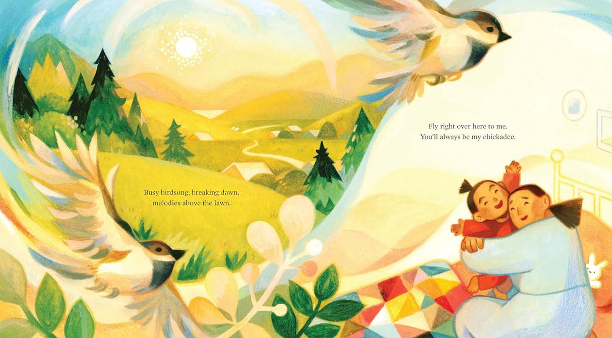 Illustration from You'll Always Be My Chickadee showing a caregiver and child hugging with birds and nature at dawn.