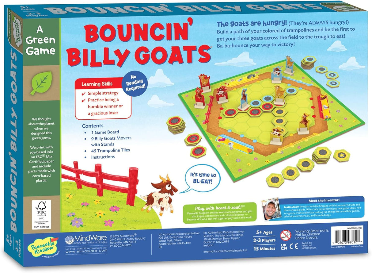 Bouncin' Billy Goats board game showing colorful trampolines, goat movers, and game tiles for 2-3 players.